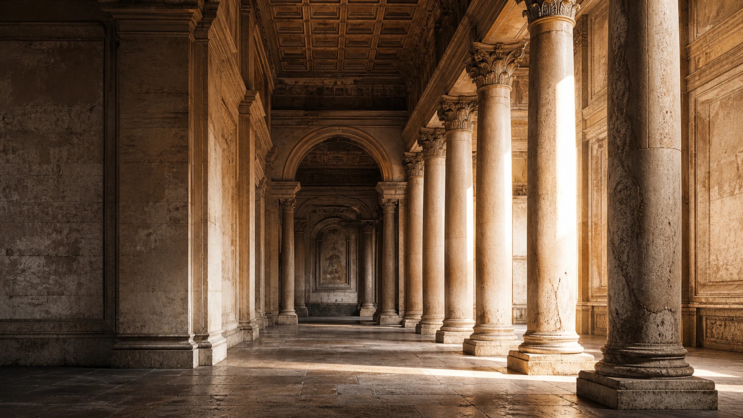 Colunas de mármore em corredor escuro, sob luz lateral dourada